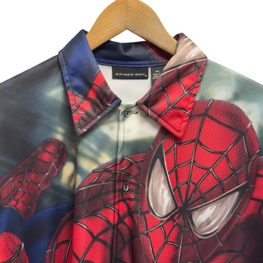 Spider 2002 Movie Promo Vtg Y2K Mens Medium AOP Spiderman Button Front Shirt guc
